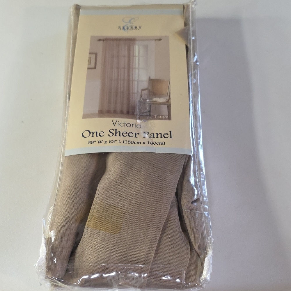Ellery Homestyles Victoria Taupe Sheer Panel Curtain, measuring 59" W x 63" L.